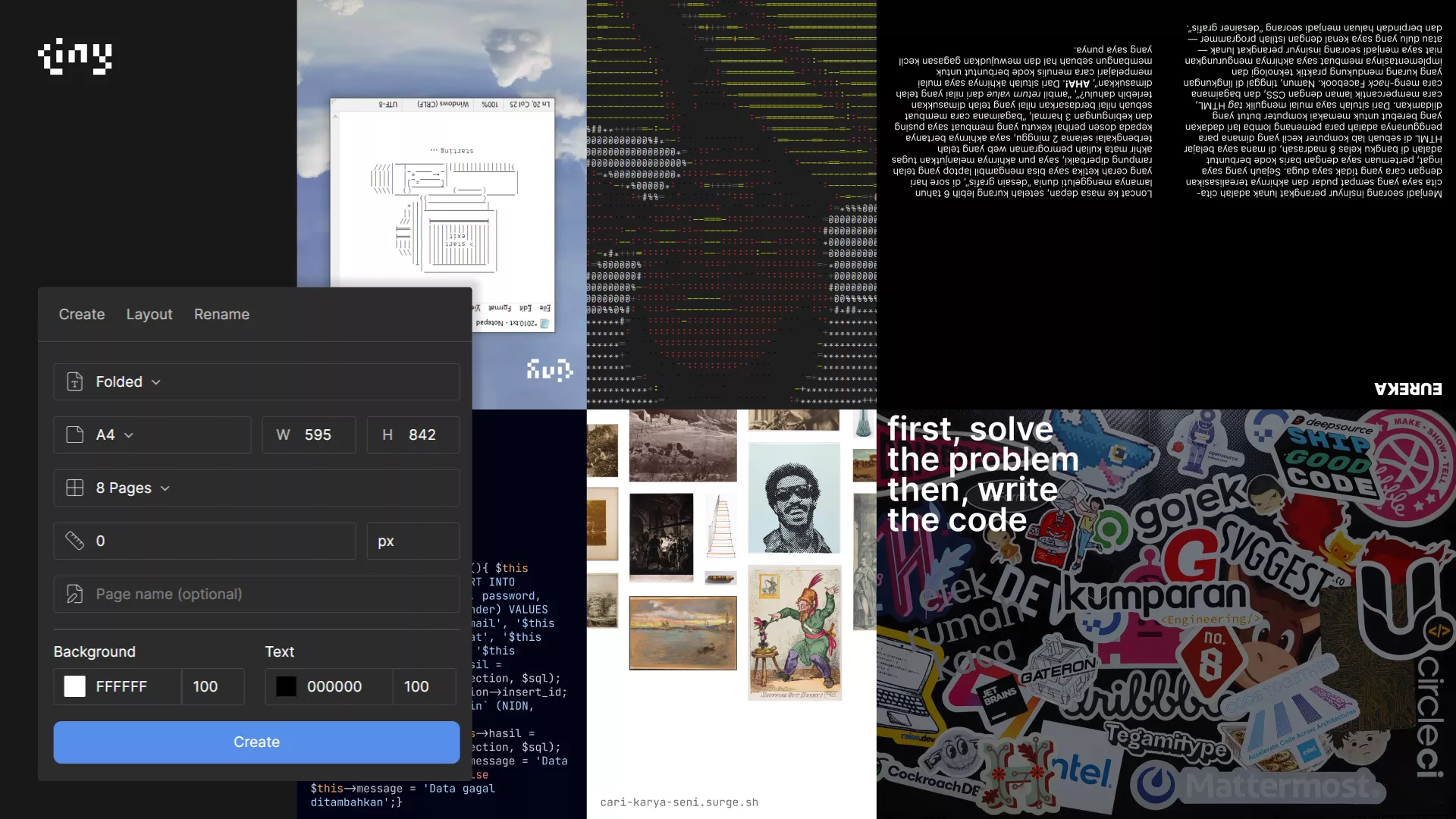 tinyzine GUI with ode-to-code zine on the background